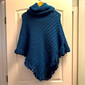 Handmade knit teal blue poncho with funnel neck - never worn